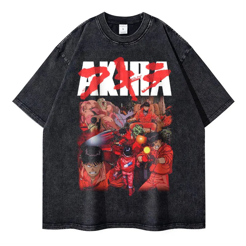 Anime Akira T-shirts Oversized Streetwear Vintage Washed Kaneda Shoutarou T Shirt Short Sleeve Retro Manga Tops Tees Men Cotton