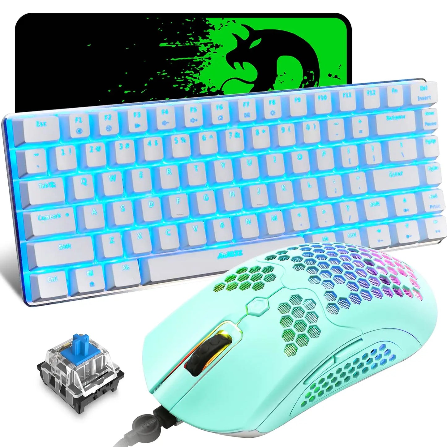 80% Mechanical Gaming Keyboard and Mouse Mousepad &Rainbow Backlit 12000 DPI Lightweight Gaming Mouse with Honeycomb Shell Set