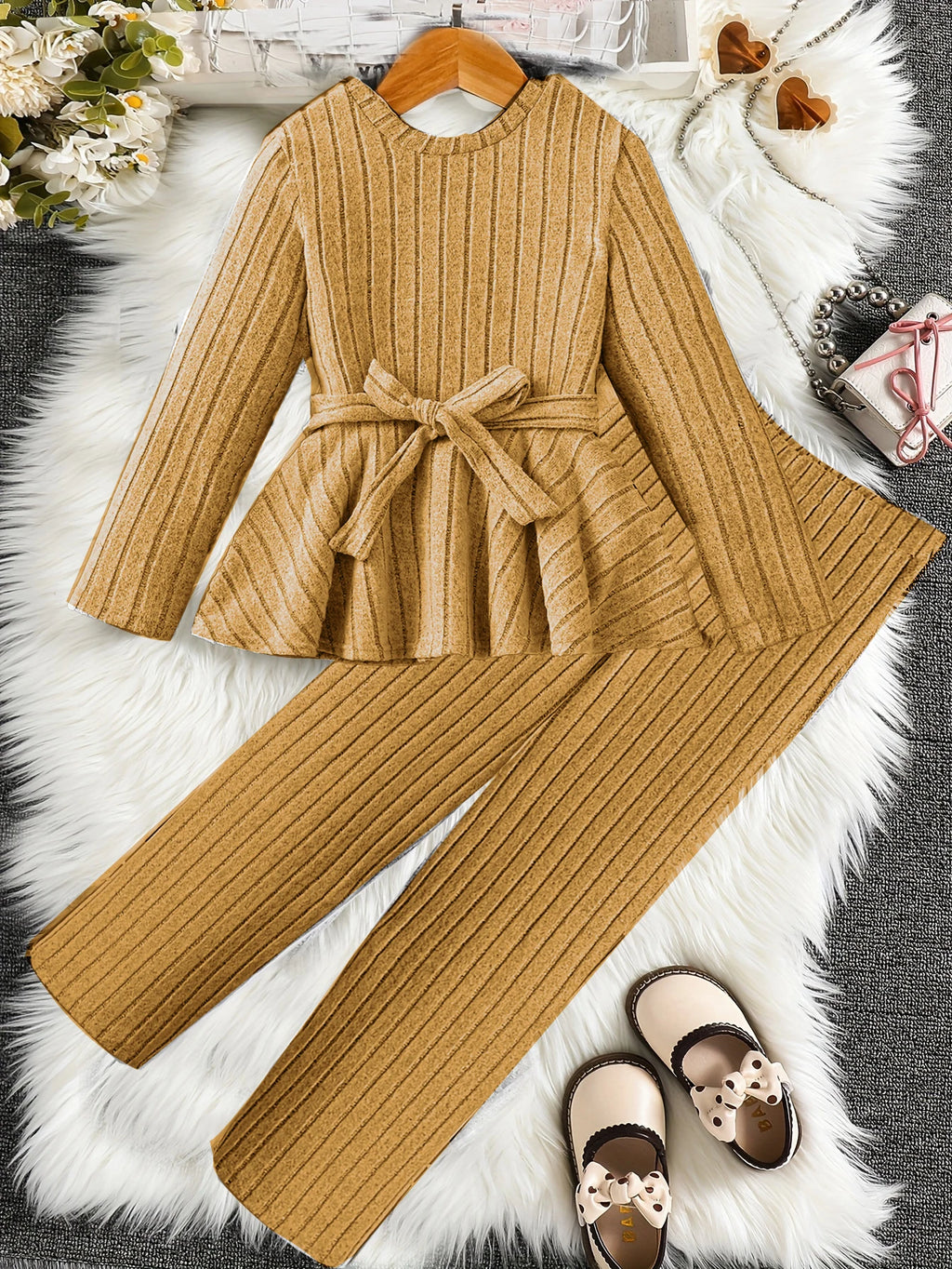 Two Piece Set  Girls' Set Winter Long Sleeved Casual Ruffle Edge Skirt For Girls' Clothing Wide Leg Pants For Big Boys Versatile