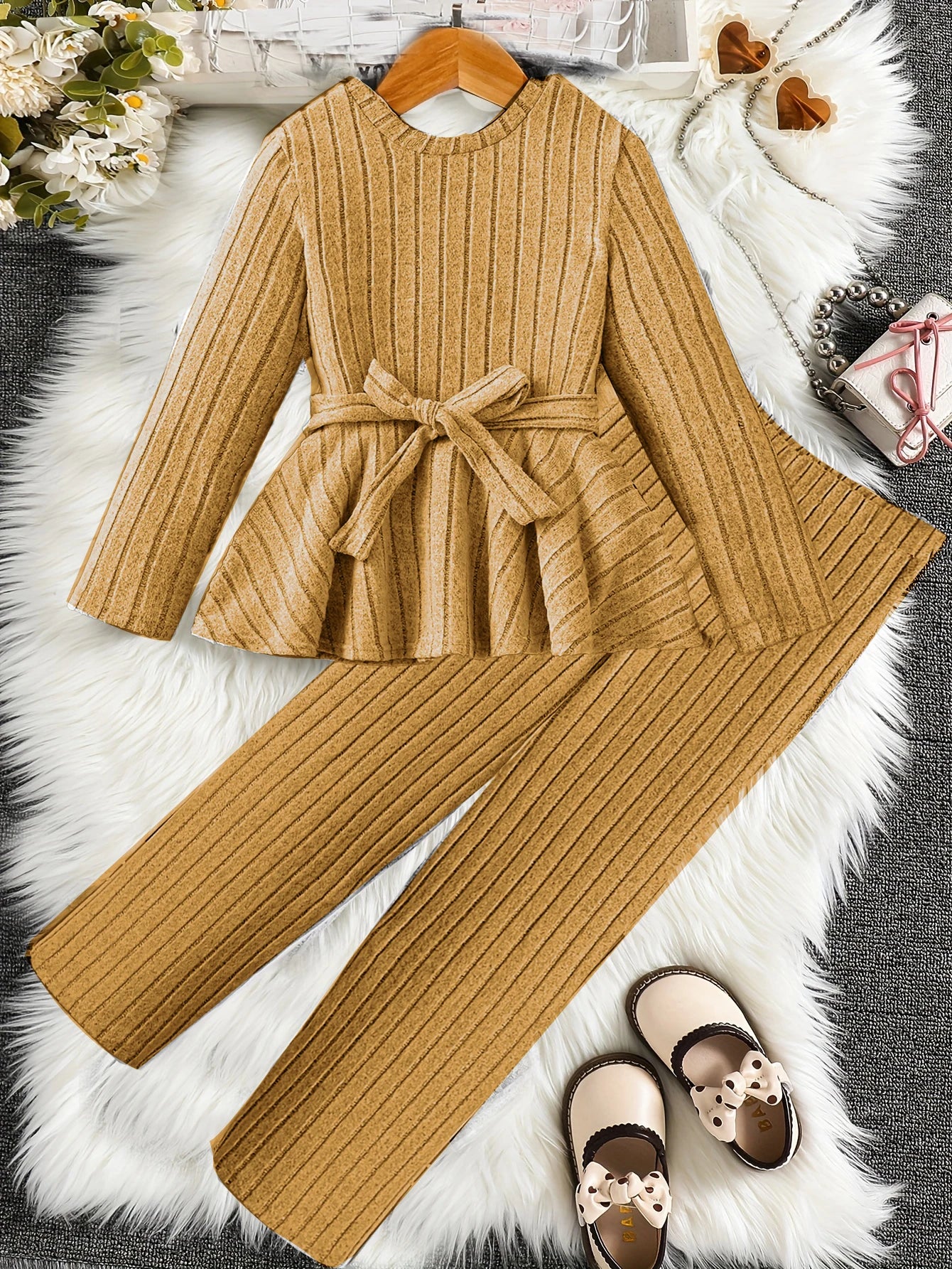 Two Piece Set  Girls' Set Winter Long Sleeved Casual Ruffle Edge Skirt For Girls' Clothing Wide Leg Pants For Big Boys Versatile