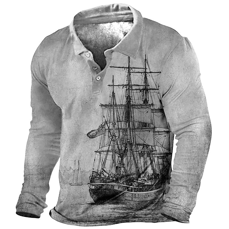 Vintage Sailboat Pattern Mens Polo Shirt Spring Autumn Long Sleeve Casual Button 3D Printed T Shirt Loose Streetwear Pullovers
