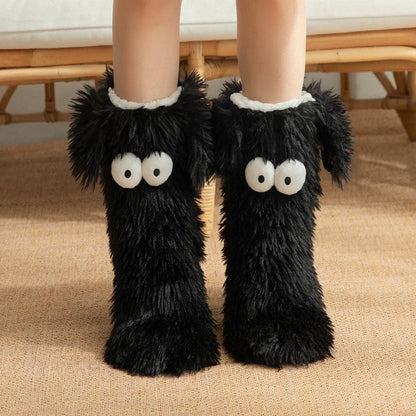 Women's Men Winter Kawaii Big Eyes Slipper Socks with Puppy Ears Cartoon Non-slip Floor Socks Warm Thickened Coral Stockings  ﻿
