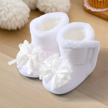 Cute Baby Girls Winter Boots Warm Faux Fur Lined Soft Sole Bowknot Non-slip First Walker Shoes for Toddler Girls