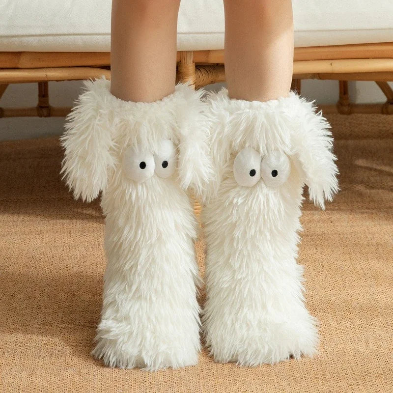 Women's Men Winter Kawaii Big Eyes Slipper Socks with Puppy Ears Cartoon Non-slip Floor Socks Warm Thickened Coral Stockings  ﻿