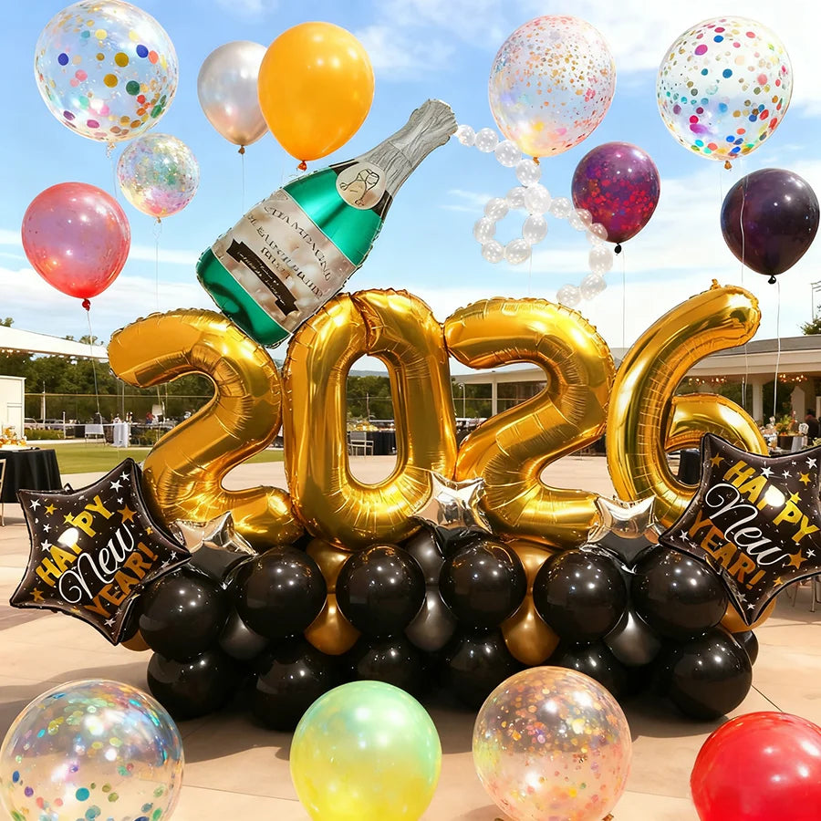 2026 New Year Party Balloon Set Wine Bottle Shaped Aluminum Film Balloon Gold Silver Black Balloon New Year Carnival Decoration