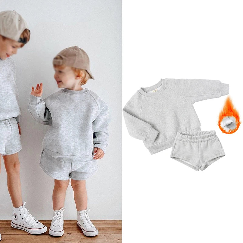 2025 New Winter Kids Boys Girls Clothes 2 Pieces Tracksuit Outfits Set Solid Top Sweatshirt+Elastic Joggers Shorts Causal Suit