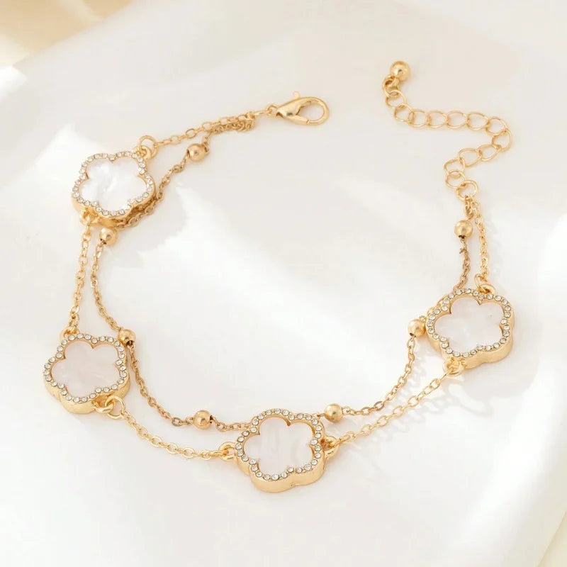 Elegant Double Layer Five-Leaf Clover Anklet for Women Exquisite Lucky Floral Summer Beach Hoilday Jewelry Gifts