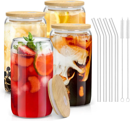 4Pcs 18.6Oz/550Ml Drinking Glasses with Bamboo Lids and Glass Straws, Glass Cups, Iced Coffee Glasses, Cute Iced Tea Glasses, Beer Glasses