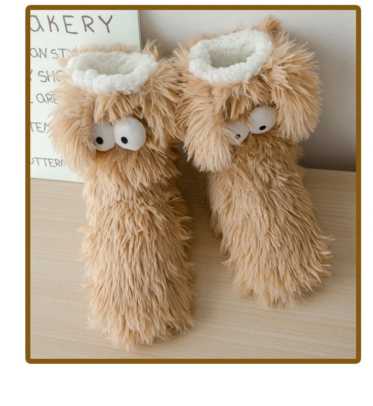 Women's Men Winter Kawaii Big Eyes Slipper Socks with Puppy Ears Cartoon Non-slip Floor Socks Warm Thickened Coral Stockings  ﻿