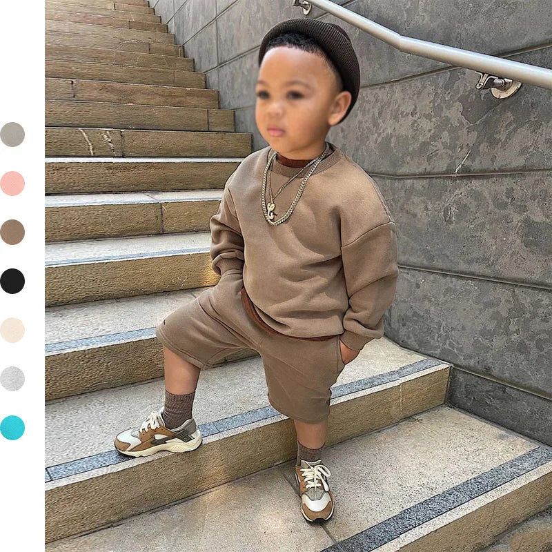 2025 New Winter Kids Boys Girls Clothes 2 Pieces Tracksuit Outfits Set Solid Top Sweatshirt+Elastic Joggers Shorts Causal Suit
