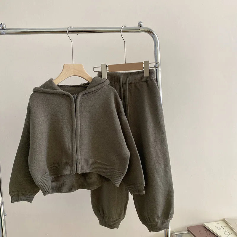 Children Clothing 2022 Autumn Winter Girls Casual Sweater Set Hooded Knitted Coat and Pants Two Piece Set Korean Kids Clothes