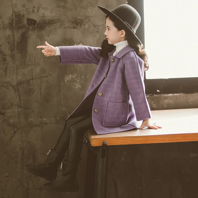 Winter Kids Tweed Coats Autumn Girls Warm England Style Mid-Length Jackets Teen Fashion Outerwear Child 5-12 Years Old