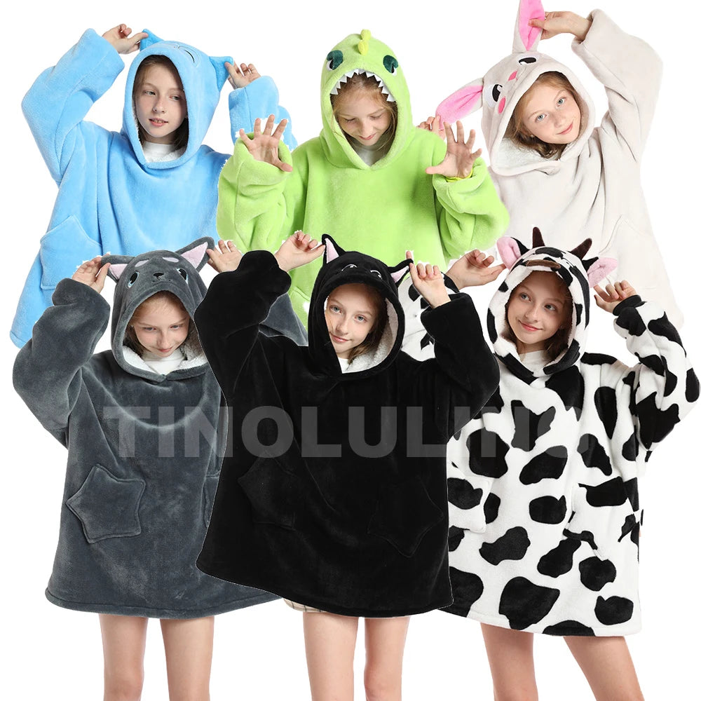 Kids Hoodie Oversized Blanket with Sleeves Panda Giraffe Kigurumi Boy Sweatshirt Teenage Girl Hoodie Children Warm Clothes