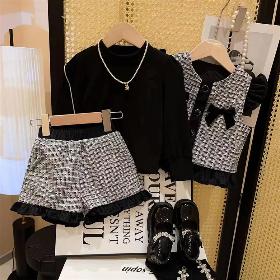 New Girls Autumn Winter Plaid Three Piece Set Solid Long Sleeves Top Boutique Vest Sister Matching Fashion Shorts for Girl