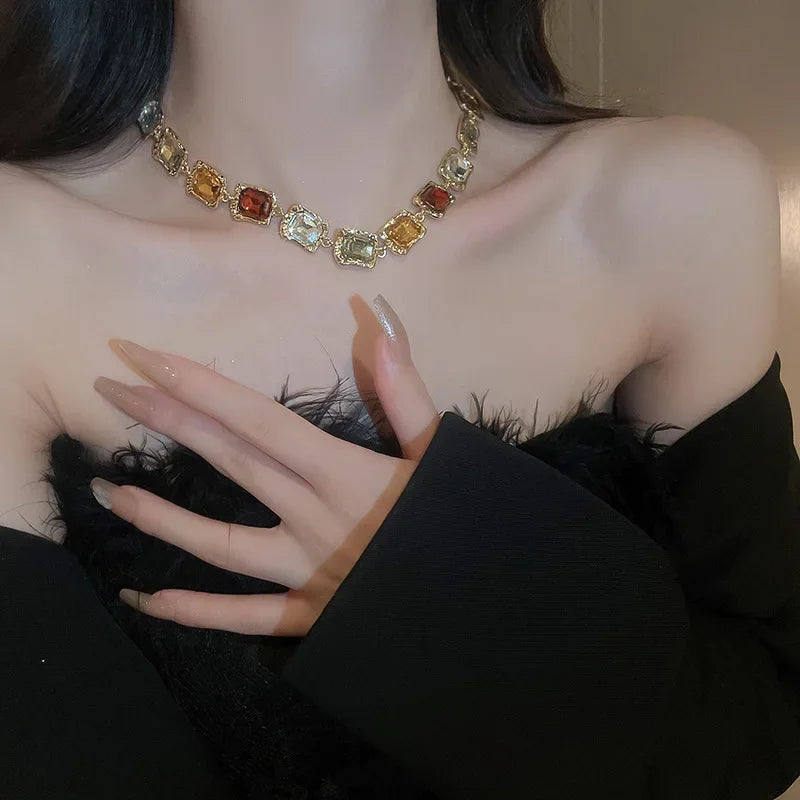 Crystal Inlaid Square Set Necklace and Earrings Fashionable Temperament Splicing Clavicle Chain Jewelry Decoration for Women