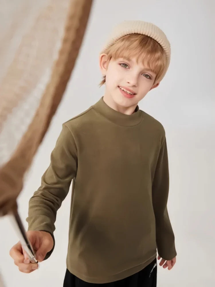 Kids High-necked Pullover Hoodies Autumn Winter Warm-keeping T-shirt Soft Comfortable Base T-shirt Boys Girls Windproof Hoodies