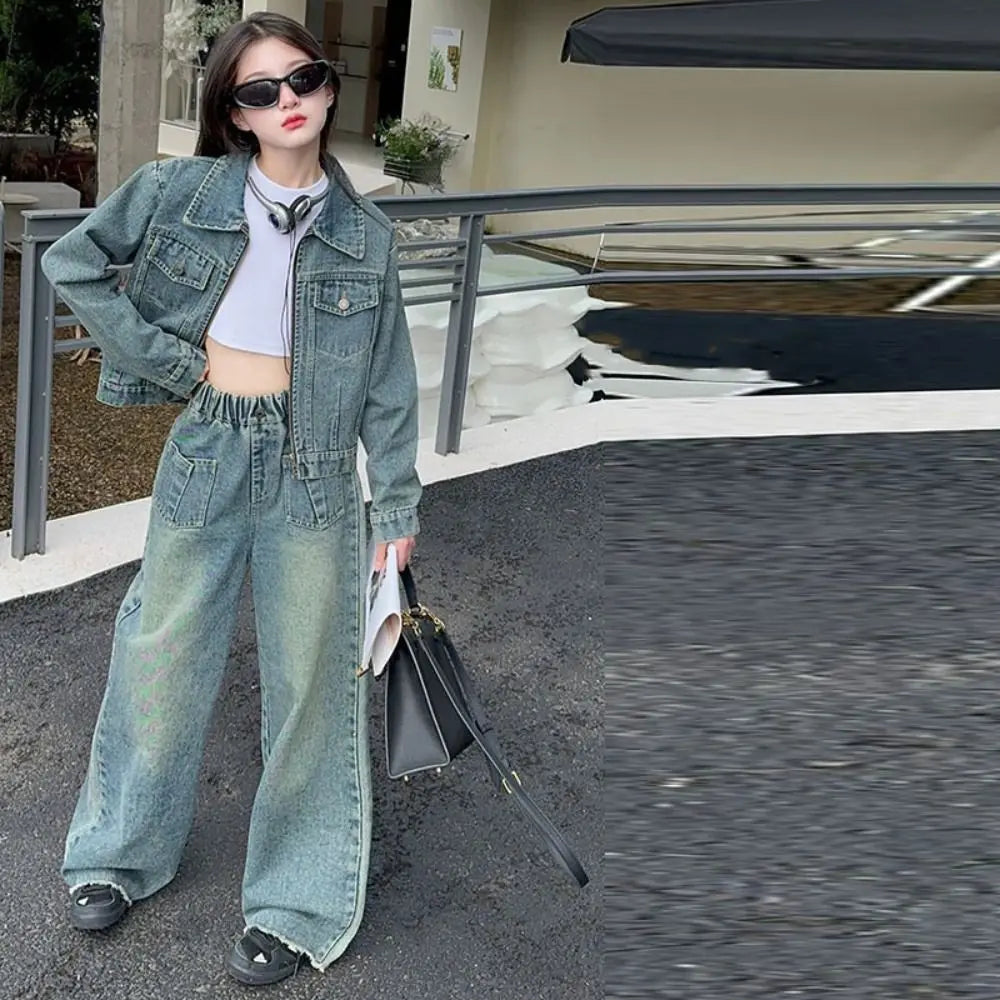Two Pieces Set Y2K Children Cowboy Set Loose Teens Jeans Jacket Suit Retro Wide Leg Pants Girls Clothes Set Students