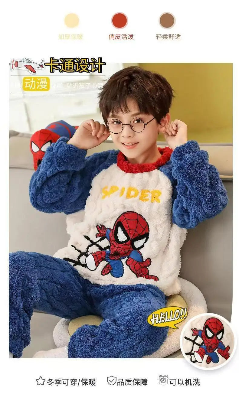 New Autumn Winter Children Flannel Pajama Set Teen Boys Cartoon Spiderman Velvet Thicken Long Sleeves Pants 2pcs Kids Sleepwear