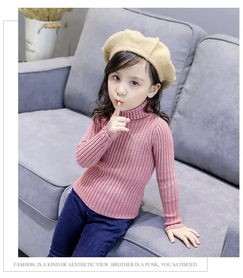 Fashion Baby Girls Winter Turtleneck Knitted Sweater Kids Unisex Pullover Knitwear Versatile Children's Clothing White Warm Sweatshirt