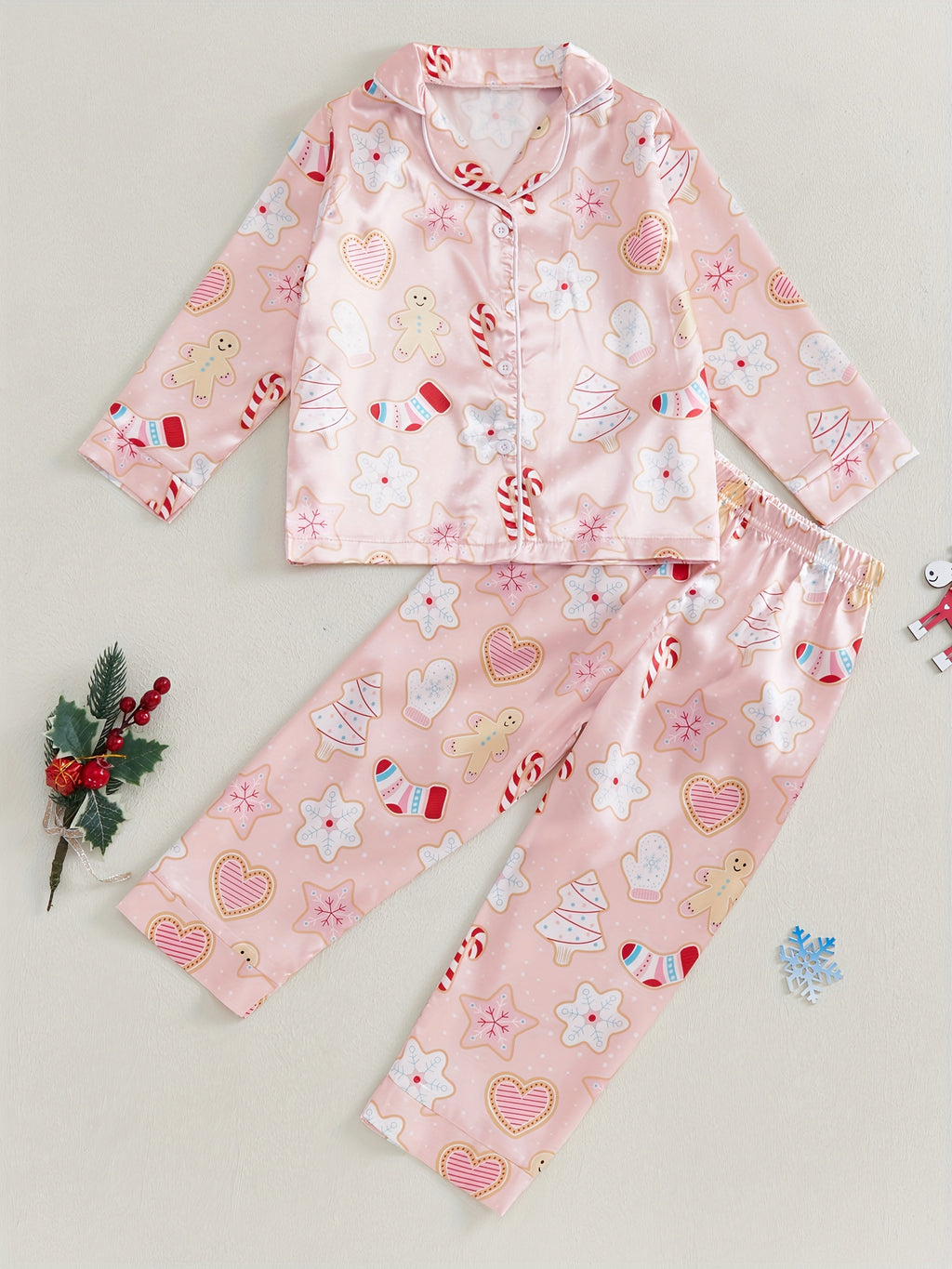 Kids Christmas Pajama Sets Gingerbread Man/Candy Cane Print Lapel Neck Button-up Tops Long Pant Loungewear