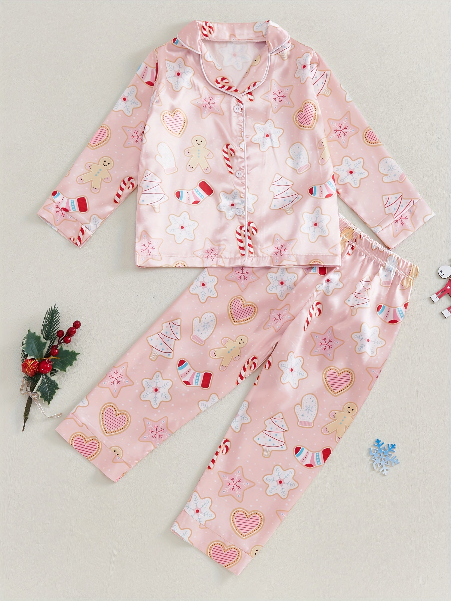 Kids Christmas Pajama Sets Gingerbread Man/Candy Cane Print Lapel Neck Button-up Tops Long Pant Loungewear