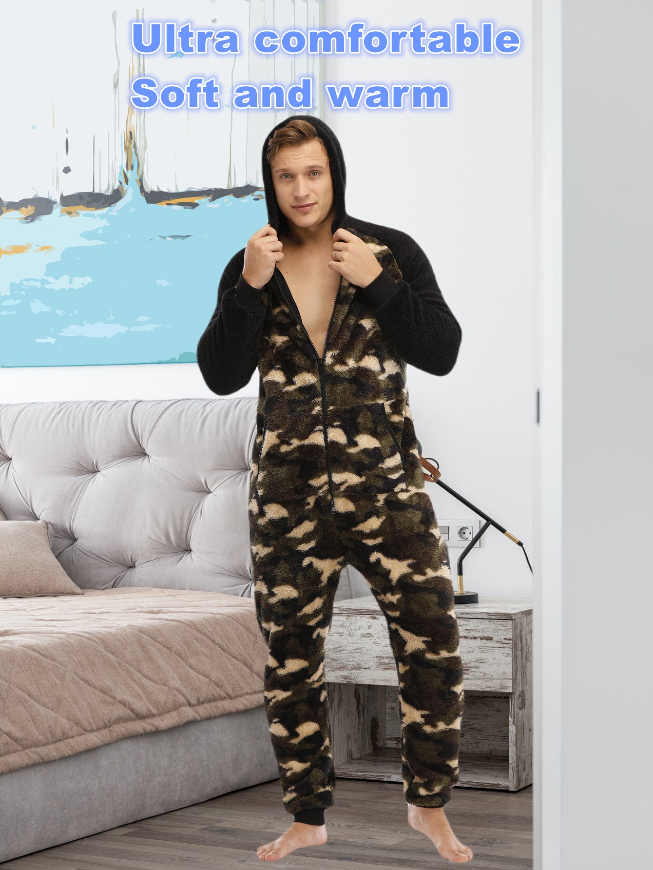 [Plush Zipup Hoodie] Cozy Warm Plush Zipup Hoodie - Men's Heavy-Duty Full-Zip Thermal Insulated Onesie for Cold Weather, Christmas Costume & Everyday Indoor/Outdoor Use