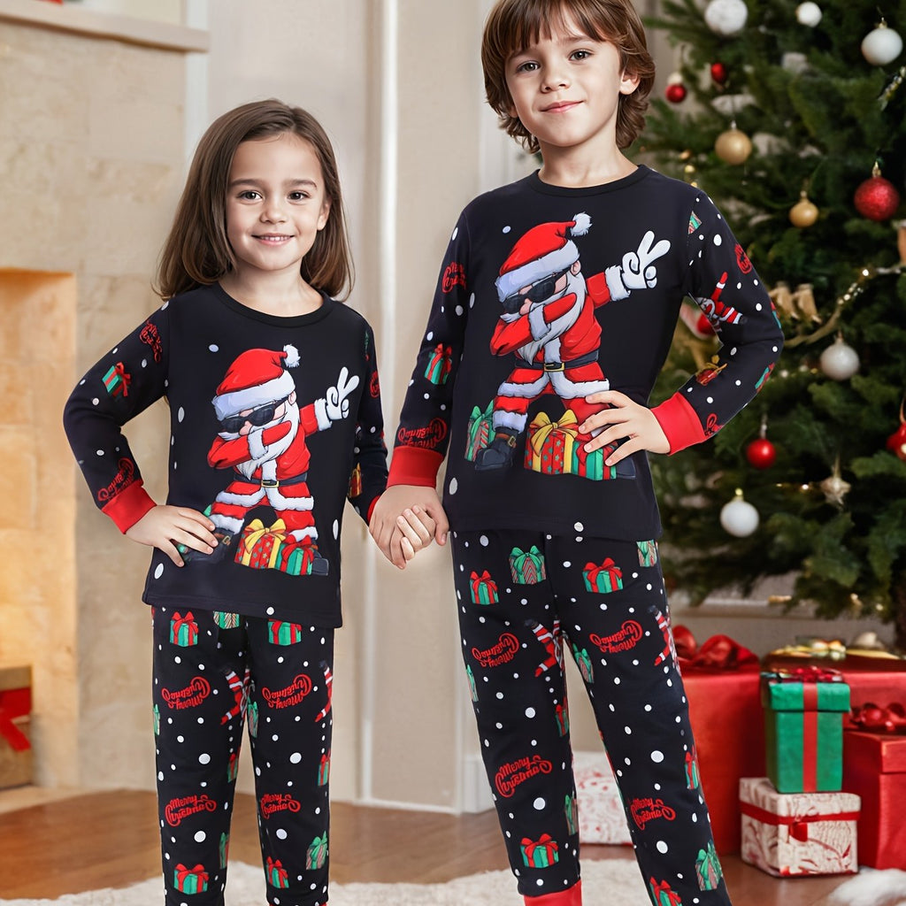 2pcs Youngsters' Flame Retardant Christmas Pajama Set - Cozy Santa Claus and Gifts Print Long Sleeve Crew Neck Pullover with Matching Pants - Perfect Holiday Sleepwear Gift for Boys and Girls