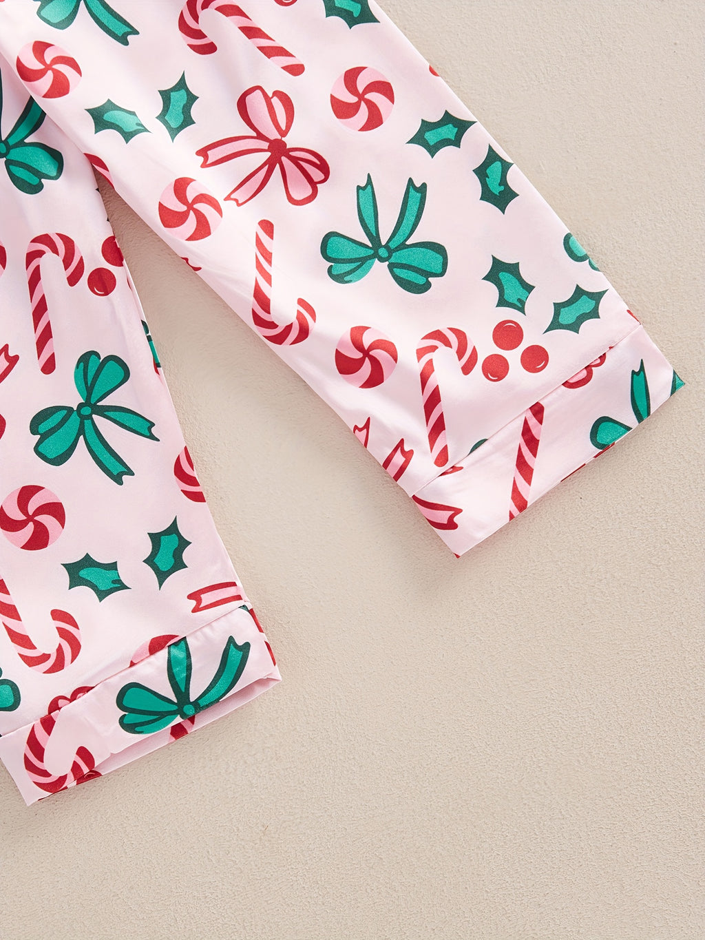 Girl Christmas Pajama Sets Bow/Candy Cane Print Lapel Neck Button-up Tops Long Pant Loungewear