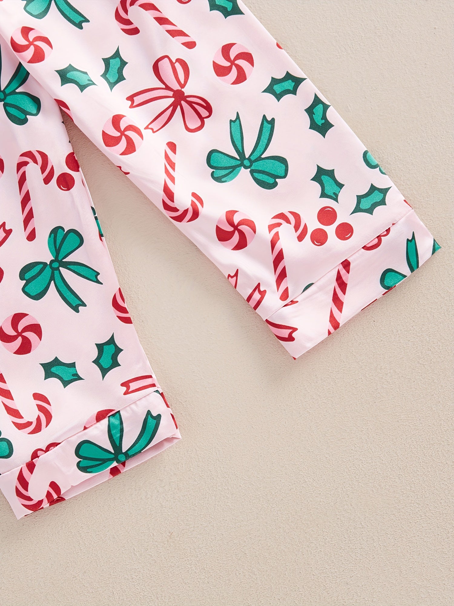 Girl Christmas Pajama Sets Bow/Candy Cane Print Lapel Neck Button-up Tops Long Pant Loungewear