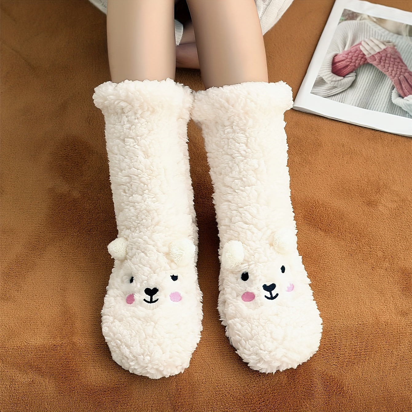 Cozy Coral Fleece Winter Socks for Women - Cute Cartoon Design, Non-Slip Floor Grip, Plus Size Sleeping & Fuzzy Mid-Calf Socks.