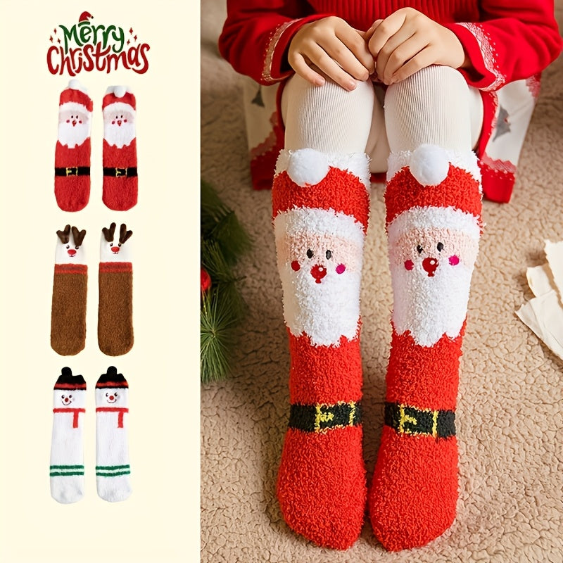 3 Pairs Cozy Christmas Socks for Women - Warm Mid-Calf Santa & Reindeer Design, Soft Plush Material, Perfect for Winter Holidays.