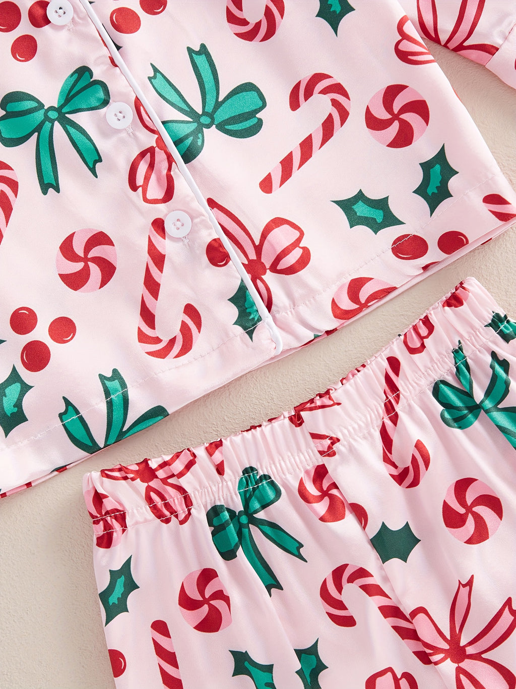Girl Christmas Pajama Sets Bow/Candy Cane Print Lapel Neck Button-up Tops Long Pant Loungewear