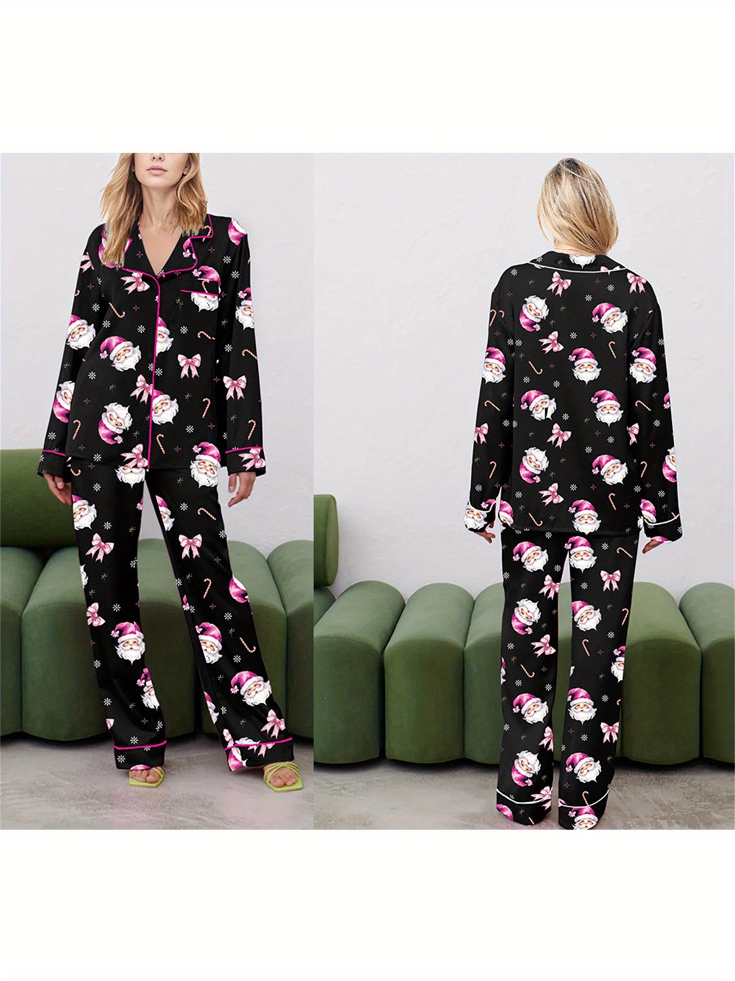 Women Christmas Pajama Set, Santa Claus Print Long Sleeve Shirt with Pants Sleepwear Loungewear