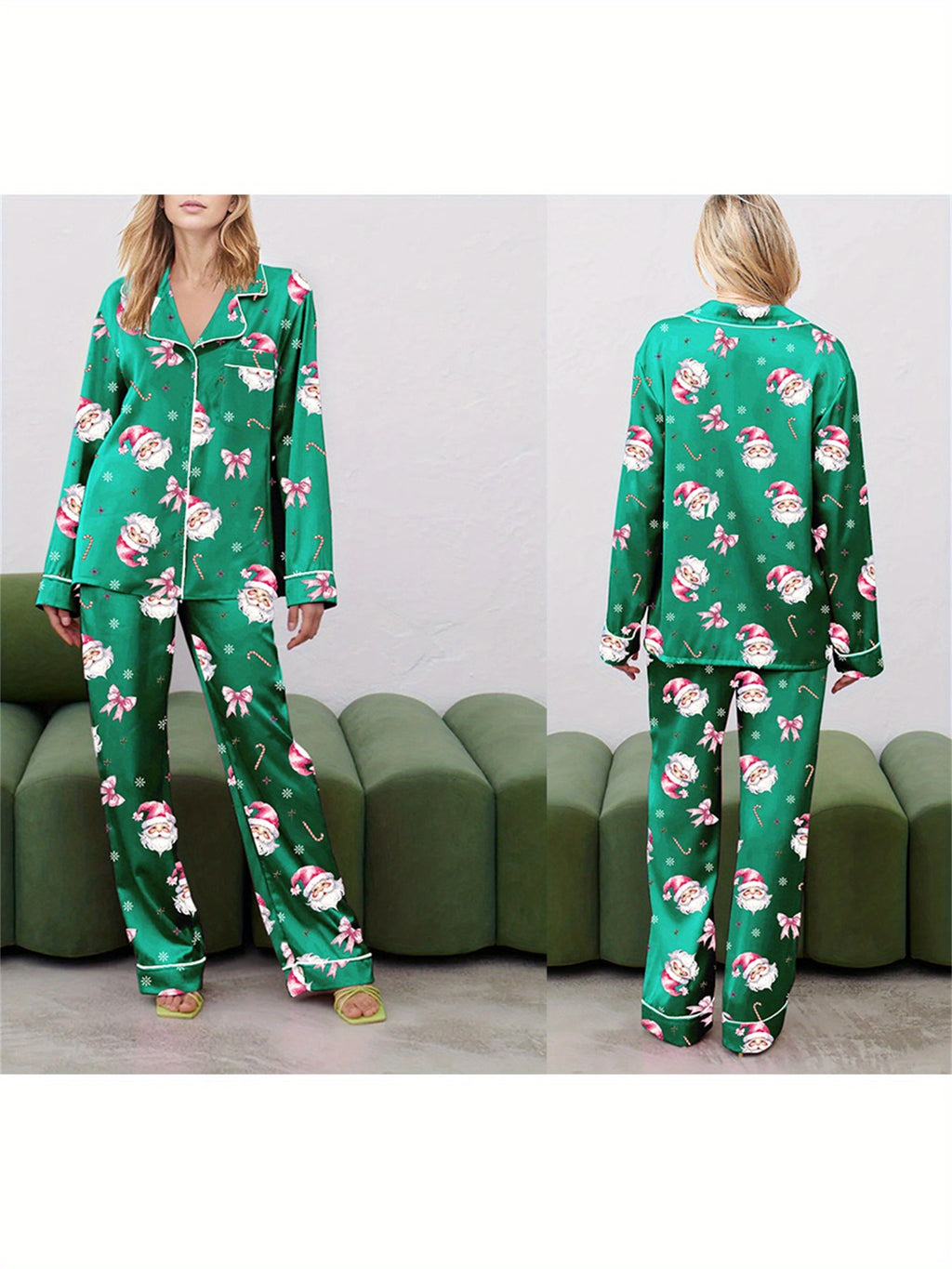 Women Christmas Pajama Set, Santa Claus Print Long Sleeve Shirt with Pants Sleepwear Loungewear