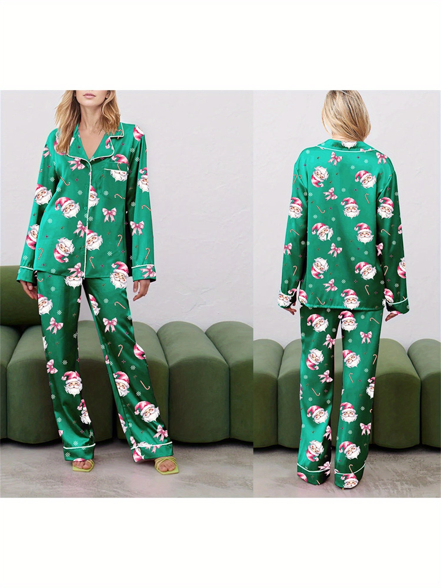 Women Christmas Pajama Set, Santa Claus Print Long Sleeve Shirt with Pants Sleepwear Loungewear