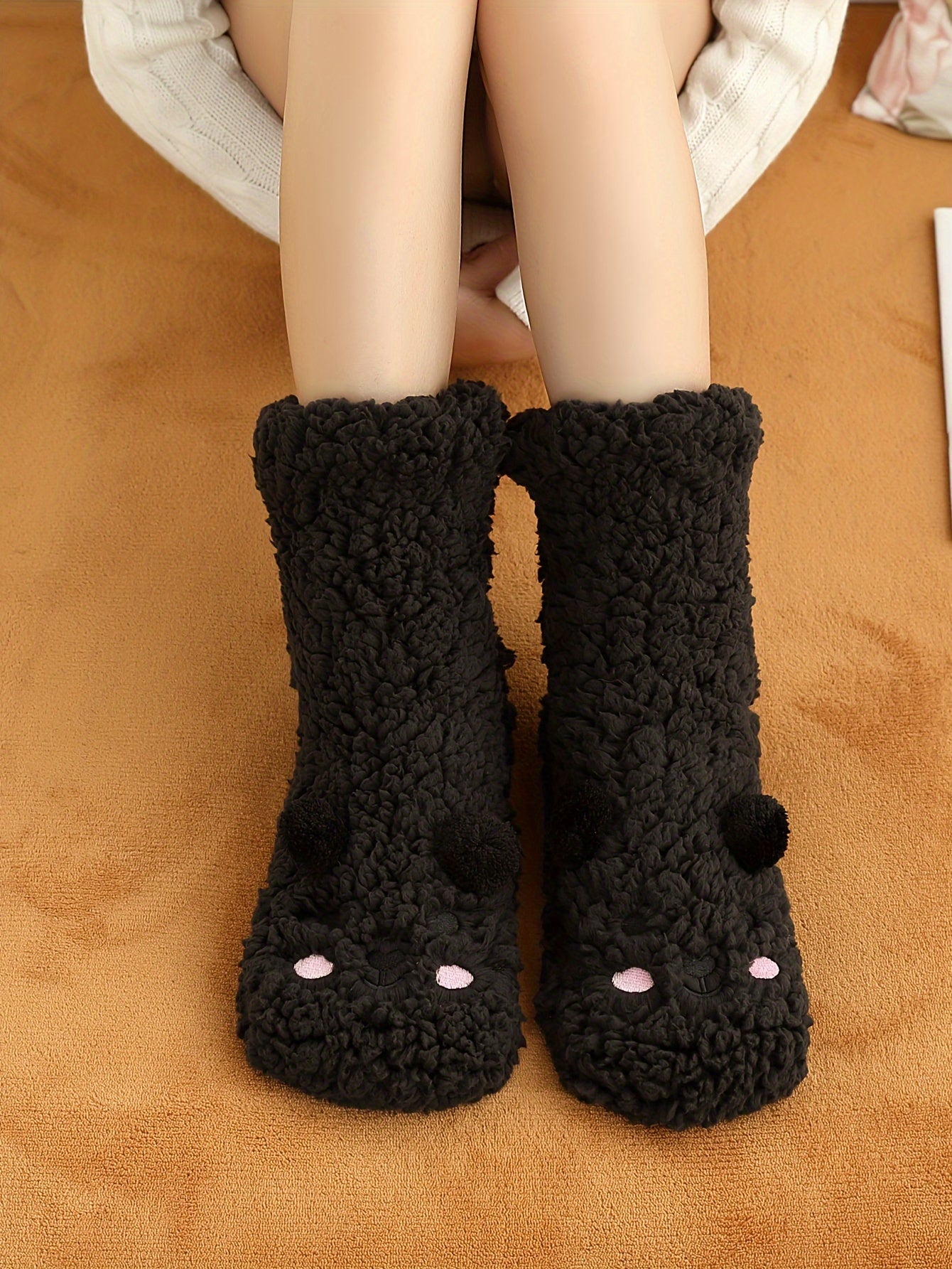 Cozy Coral Fleece Winter Socks for Women - Cute Cartoon Design, Non-Slip Floor Grip, Plus Size Sleeping & Fuzzy Mid-Calf Socks.