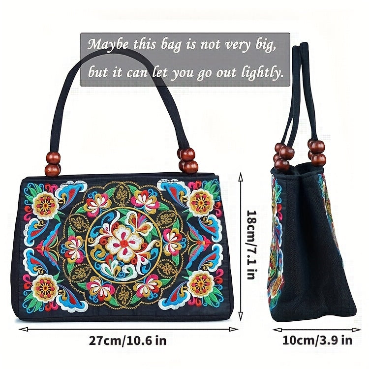 Ethnic Style Double-Sided Embroidered Handbag with Wooden Bead Handles & Dual Zipper Closure - Vibrant Floral Mandala Design on Durable Fabric Purse for Women, Casual & Formal Events, Intricate Embroidery