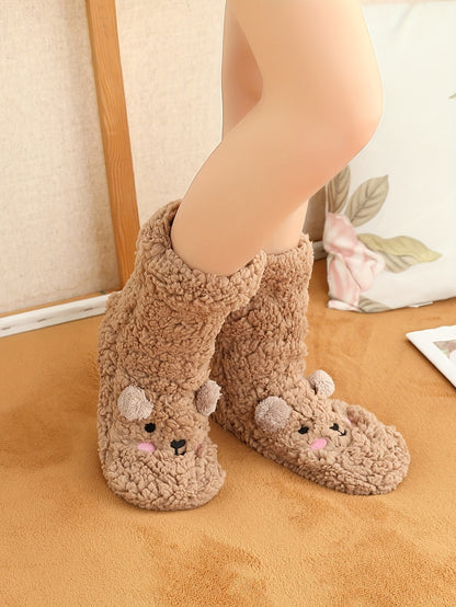 Cozy Coral Fleece Winter Socks for Women - Cute Cartoon Design, Non-Slip Floor Grip, Plus Size Sleeping & Fuzzy Mid-Calf Socks.