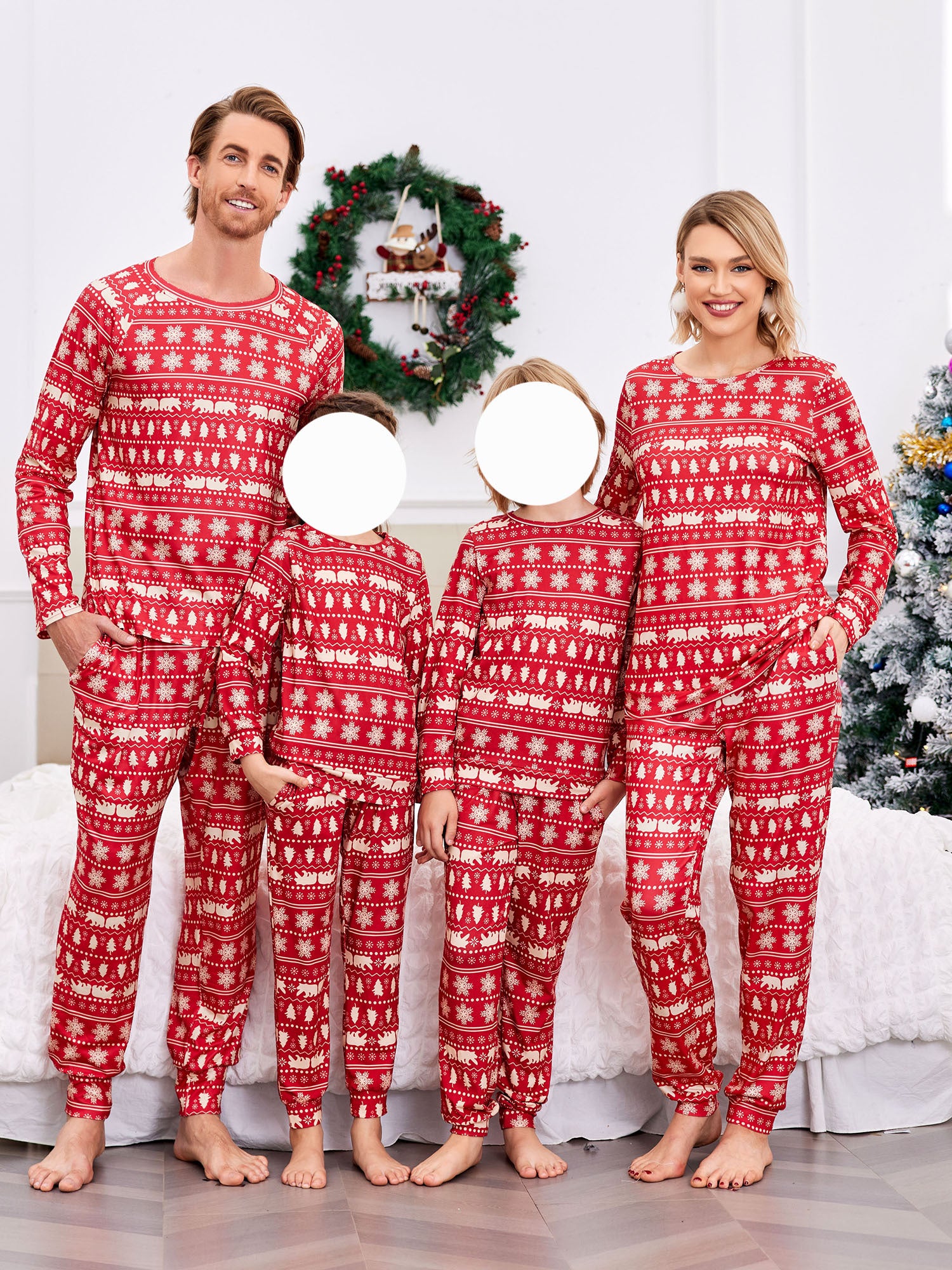 ELESOL Christmas Pajama Sets for Adults - Festive Long Sleeve Pajama Pants and Top Set with Pocket, Polyester 95%, Spandex 5%, Casual Style, Round Neck, Pullover, Cozy Winter Sleepwear for Couples and Family