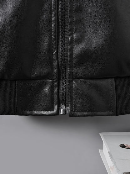 Boys' Faux Leather Jacket with Fleece Lining Thickened Winter Coat Full-Zip Closure Machine Washable Casual Style for Fall/Winter Regular Fit