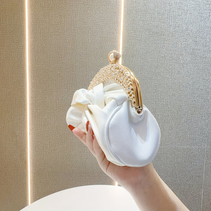 Elegant White Mini Clutch with Golden Rhinestone Crown, Removable Shoulder Strap, and Pearl Accents - Perfect for Evening Parties, Banquets, and Special Occasions, Ladies' Handbag