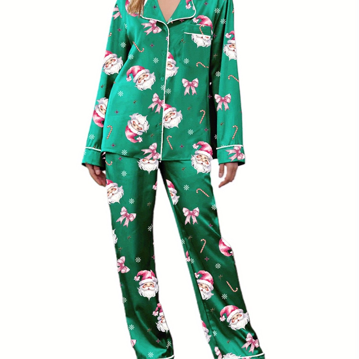 Women Christmas Pajama Set, Santa Claus Print Long Sleeve Shirt with Pants Sleepwear Loungewear