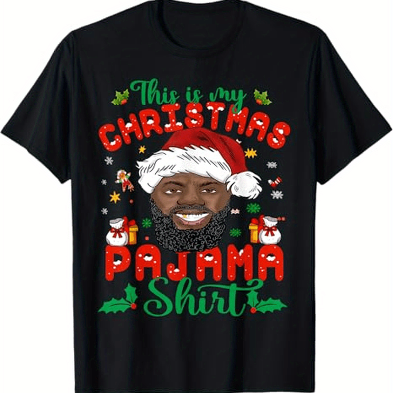 African American Santa Claus Christmas Pajama Shirt Men Themed T-Shirt. Suitable as a Christmas gift for men. 100% cotton black T-shirt. S-XXXL.