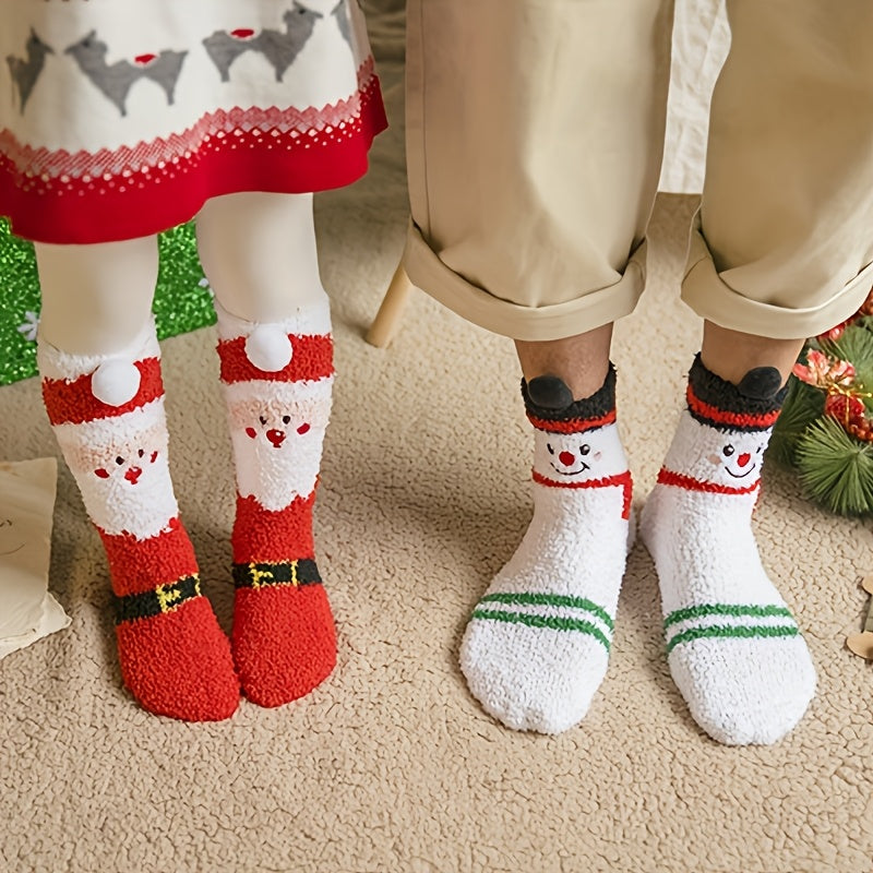 3 Pairs Cozy Christmas Socks for Women - Warm Mid-Calf Santa & Reindeer Design, Soft Plush Material, Perfect for Winter Holidays.