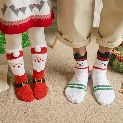 3 Pairs Cozy Christmas Socks for Women - Warm Mid-Calf Santa & Reindeer Design, Soft Plush Material, Perfect for Winter Holidays.