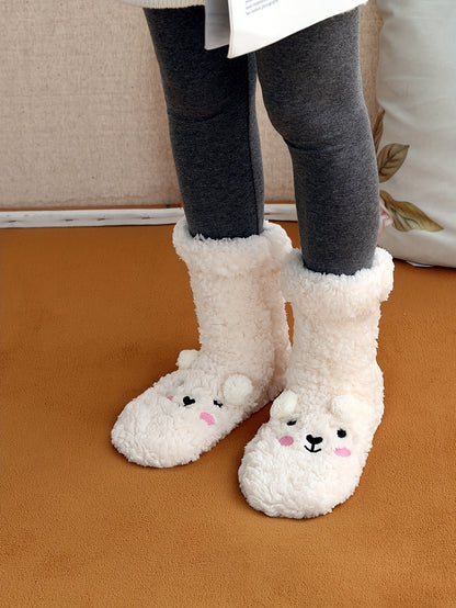 Cozy Coral Fleece Winter Socks for Women - Cute Cartoon Design, Non-Slip Floor Grip, Plus Size Sleeping & Fuzzy Mid-Calf Socks.