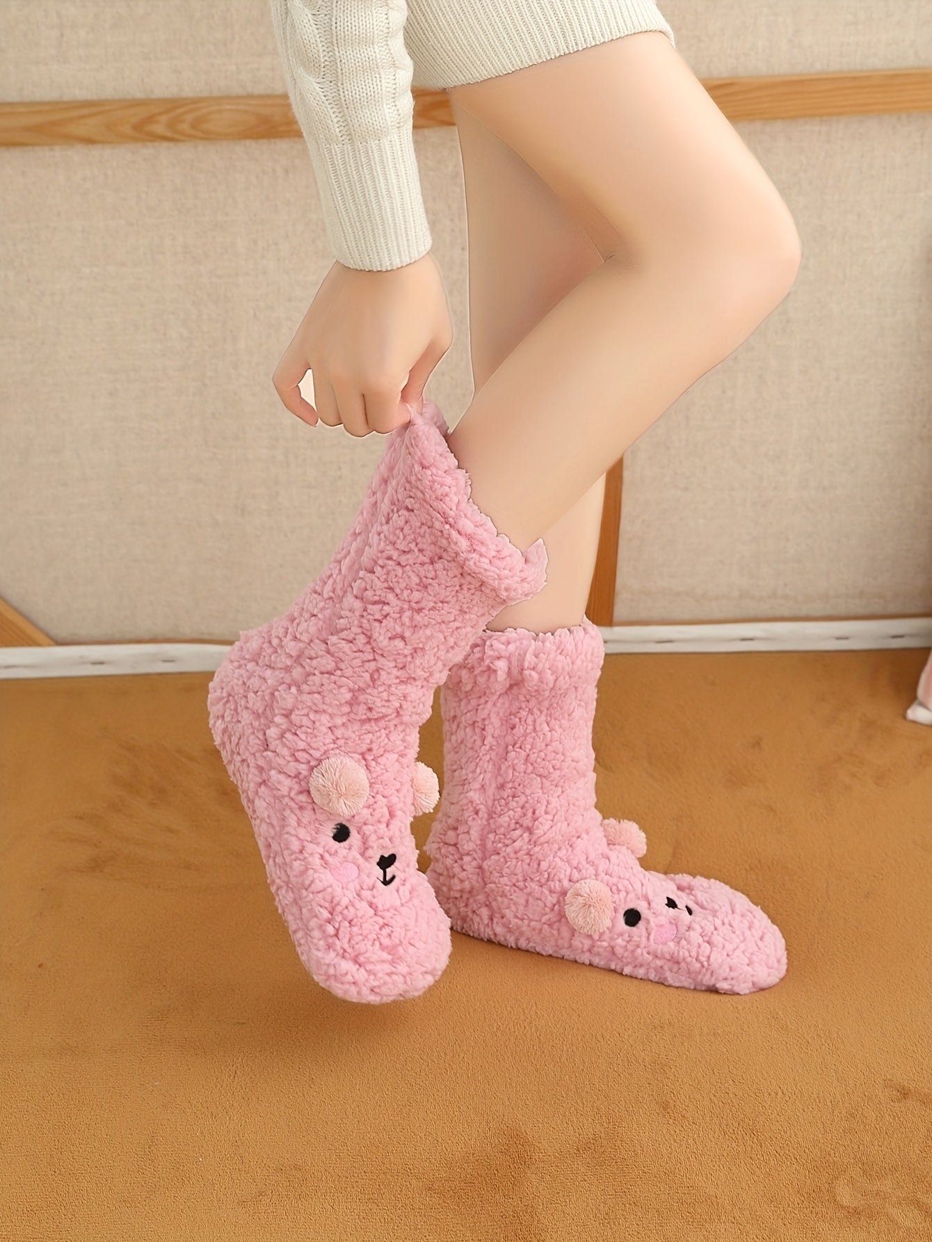 Cozy Coral Fleece Winter Socks for Women - Cute Cartoon Design, Non-Slip Floor Grip, Plus Size Sleeping & Fuzzy Mid-Calf Socks.