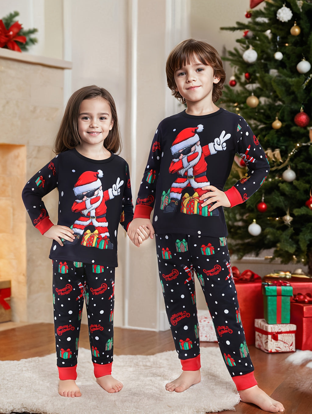 2pcs Youngsters' Flame Retardant Christmas Pajama Set - Cozy Santa Claus and Gifts Print Long Sleeve Crew Neck Pullover with Matching Pants - Perfect Holiday Sleepwear Gift for Boys and Girls