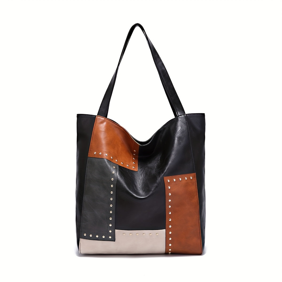 Vintage-Inspired Patchwork Tote Handbag - Colorblock Design, Retro Style, Spacious Interior, Durable Shoulder Straps, and Magnetic Closure - Unique, Handcrafted, and Perfect for Daily Use