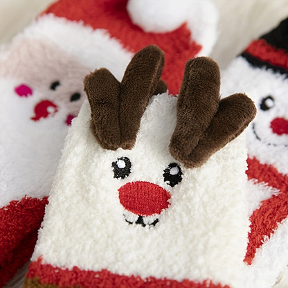 3 Pairs Cozy Christmas Socks for Women - Warm Mid-Calf Santa & Reindeer Design, Soft Plush Material, Perfect for Winter Holidays.